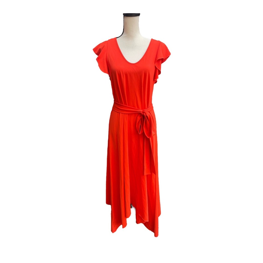 Ann Taylor Maxi Dress Women's Size Small Coral Red Flutter Sleeves Belted